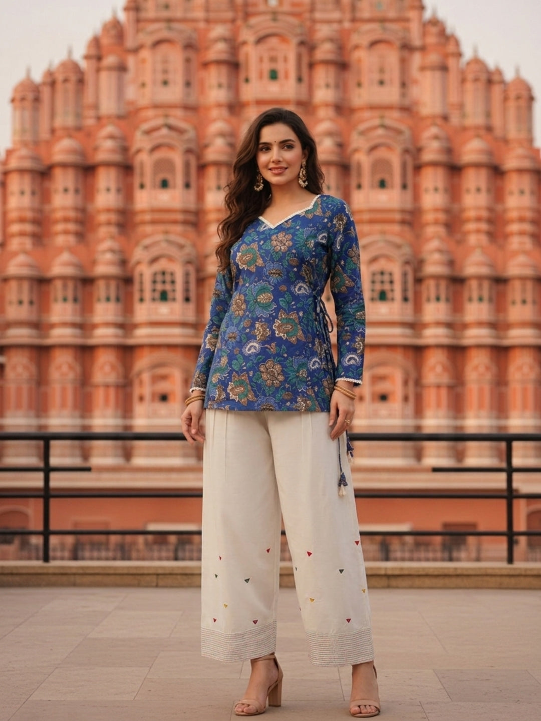 Floral Printed A-Line Fitted Kurta with Salwar - Blue