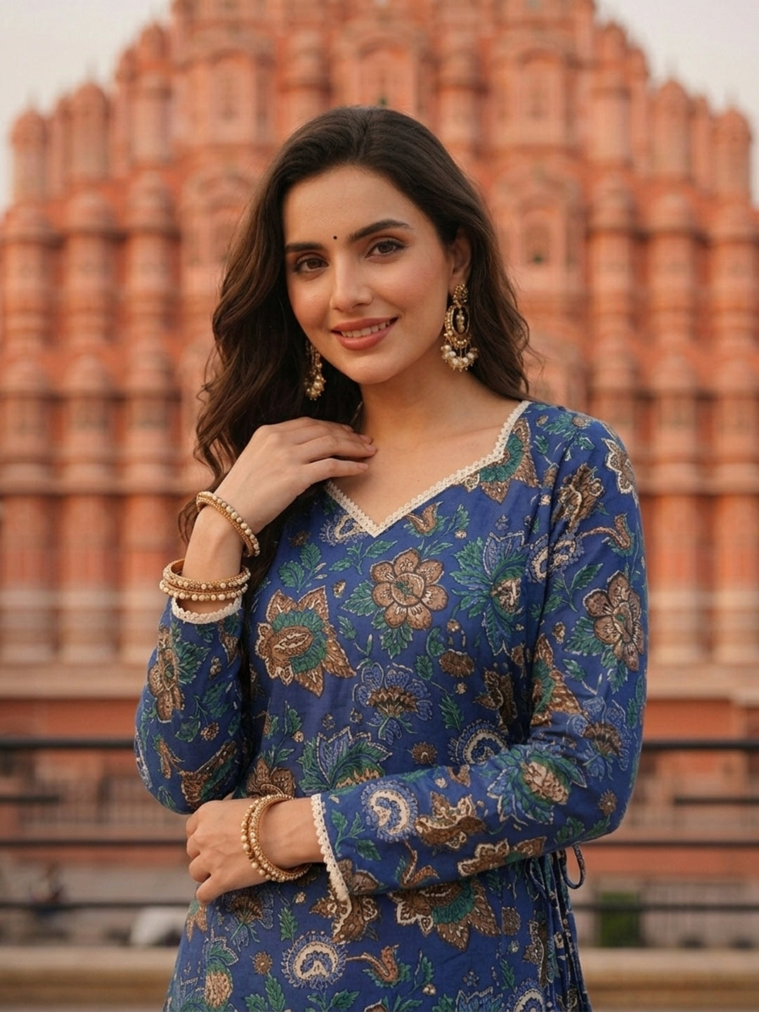 Floral Printed A-Line Fitted Kurta with Salwar - Blue
