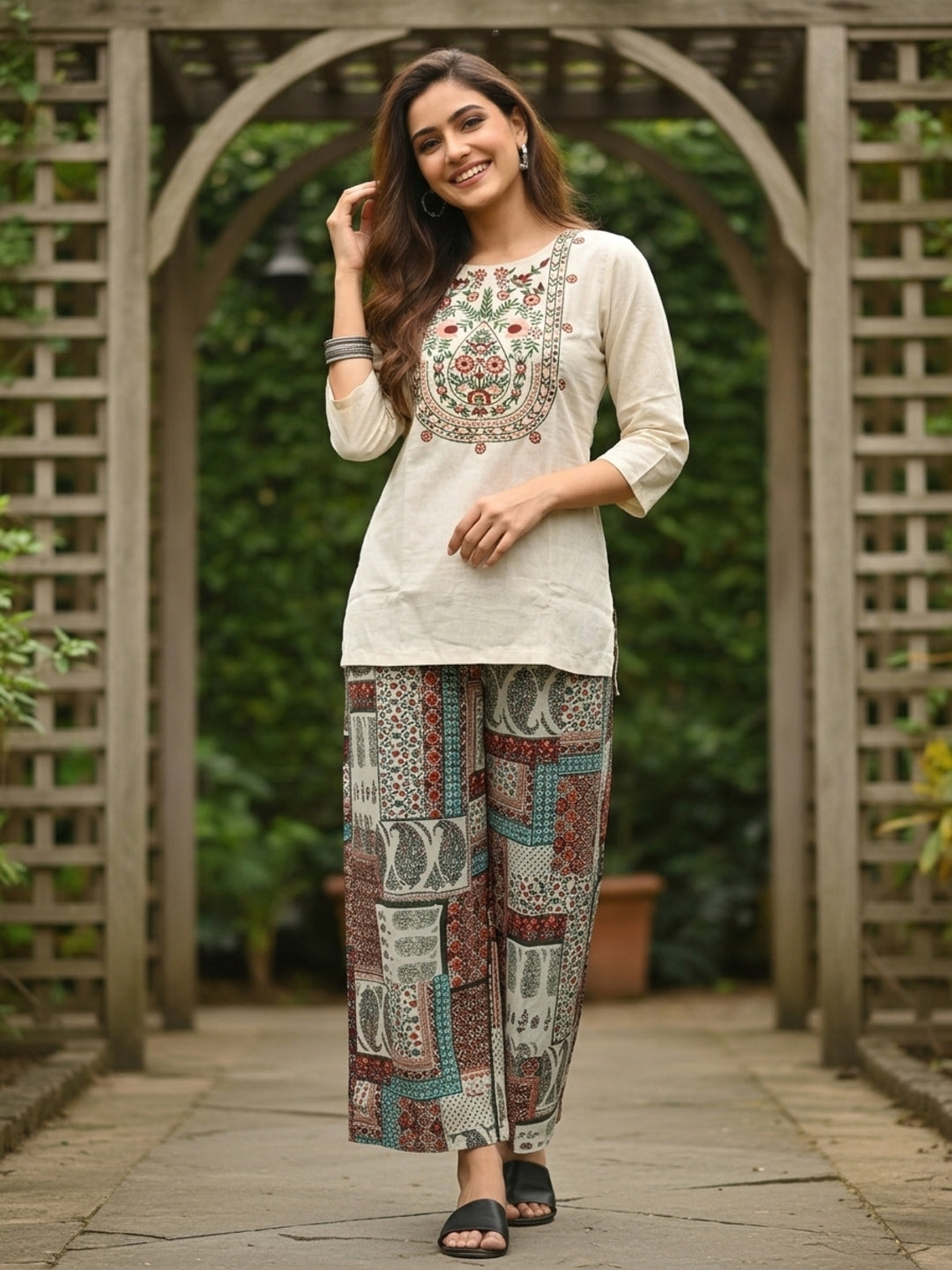 Solid Thread & Mirror Embroidered A-Line Kurta with Printed Palazzo - Off White