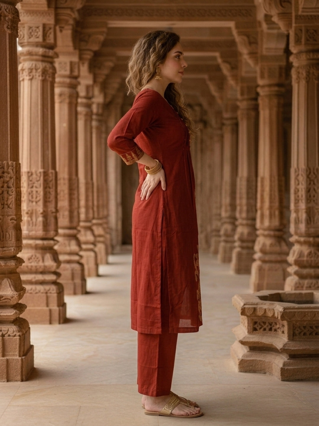 Solid Cross Stitch Embroidered A-Line Kurta with Palazzo - Maroon