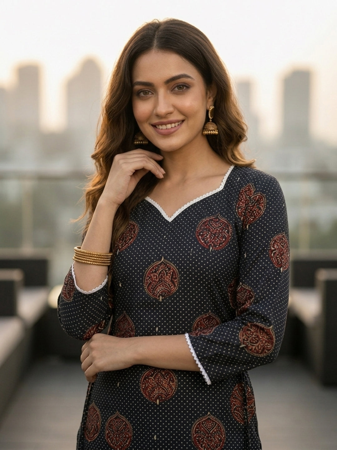 Floral Printed A-Line Fitted Kurta with Salwar - Black