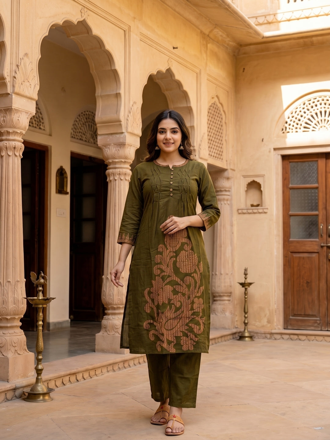Solid Cross Stitch Embroidered A-Line Kurta with Palazzo - Olive Green