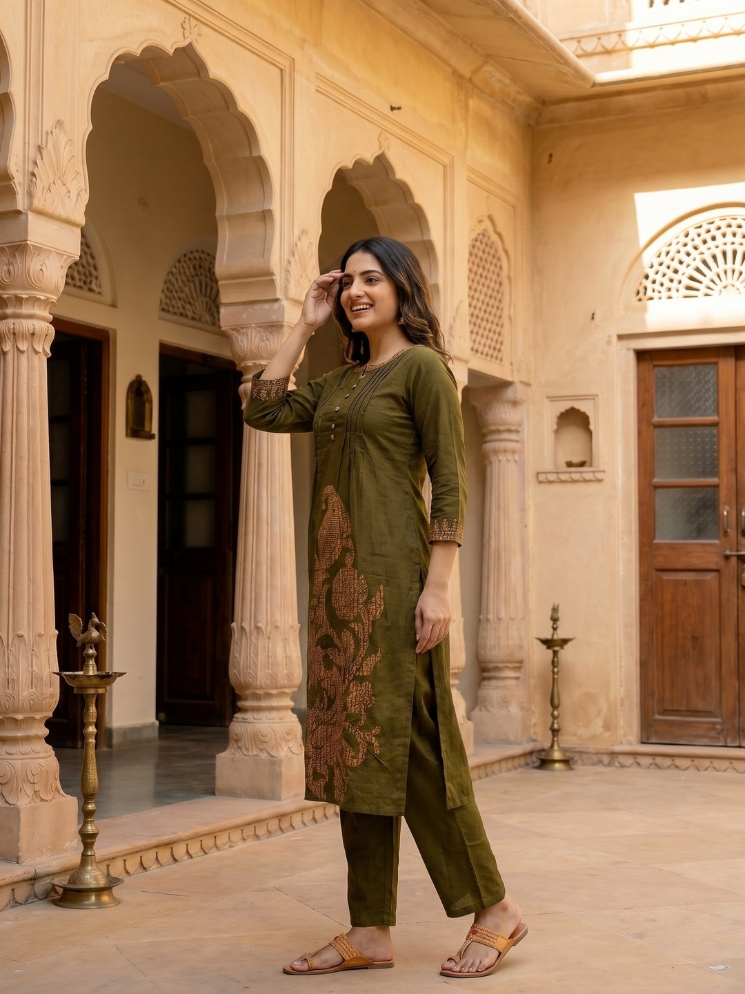 Solid Cross Stitch Embroidered A-Line Kurta with Palazzo - Olive Green