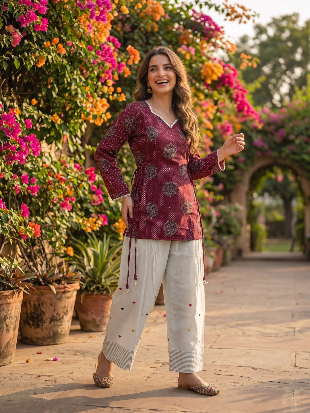 Floral Printed A-Line Fitted Kurta with Salwar - Burgundy