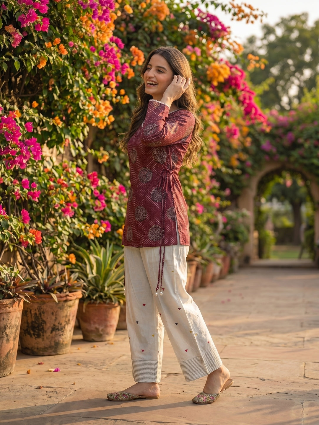 Floral Printed A-Line Fitted Kurta with Salwar - Burgundy