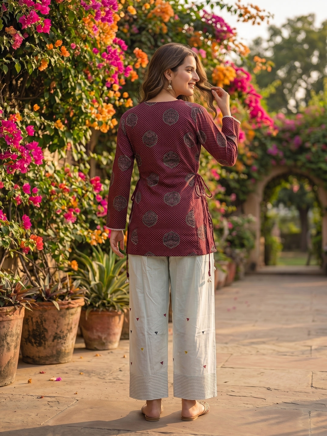 Floral Printed A-Line Fitted Kurta with Salwar - Burgundy