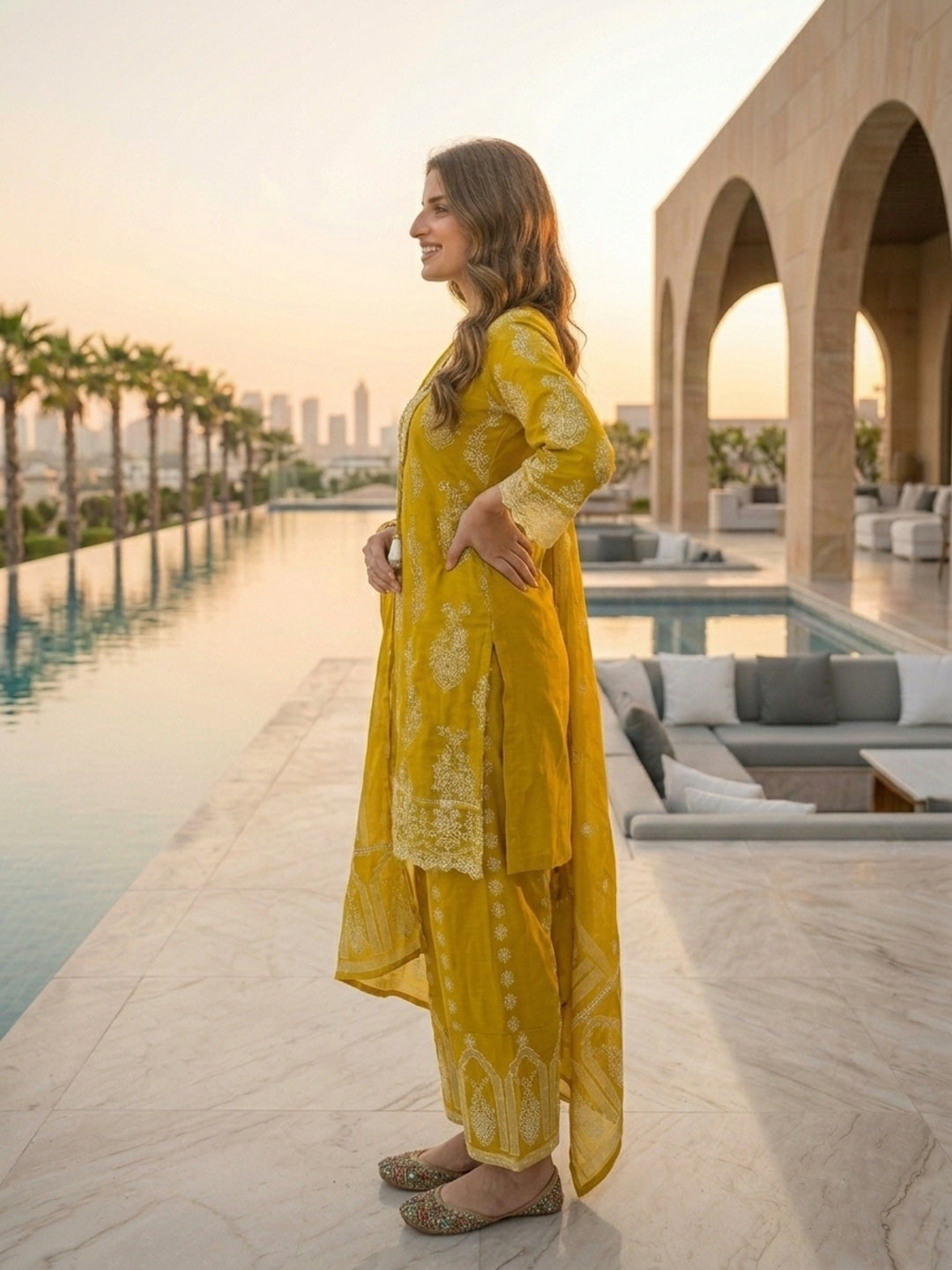 Ethnic Printed Mirror Work Anarkali with Palazzo and Dupatta - Mustard