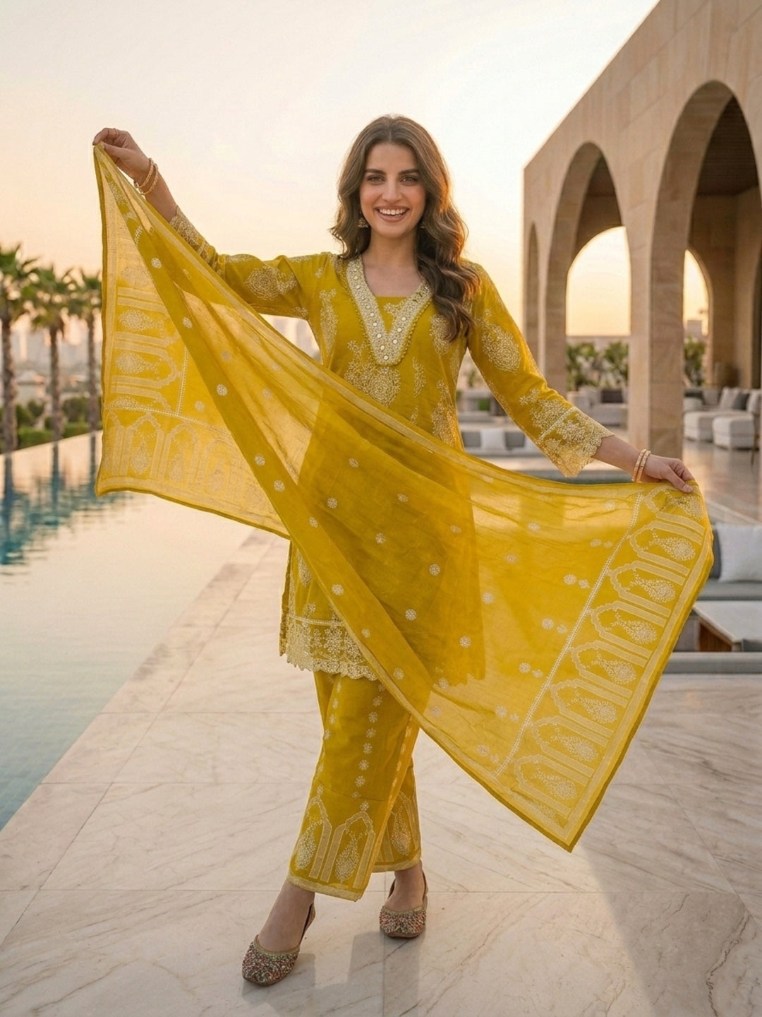 Ethnic Printed Mirror Work Anarkali with Palazzo and Dupatta - Mustard