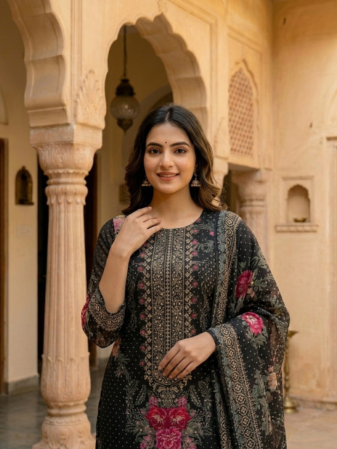 Floral Printed Embroidered Straight Kurta with Pant and Dupatta - Black