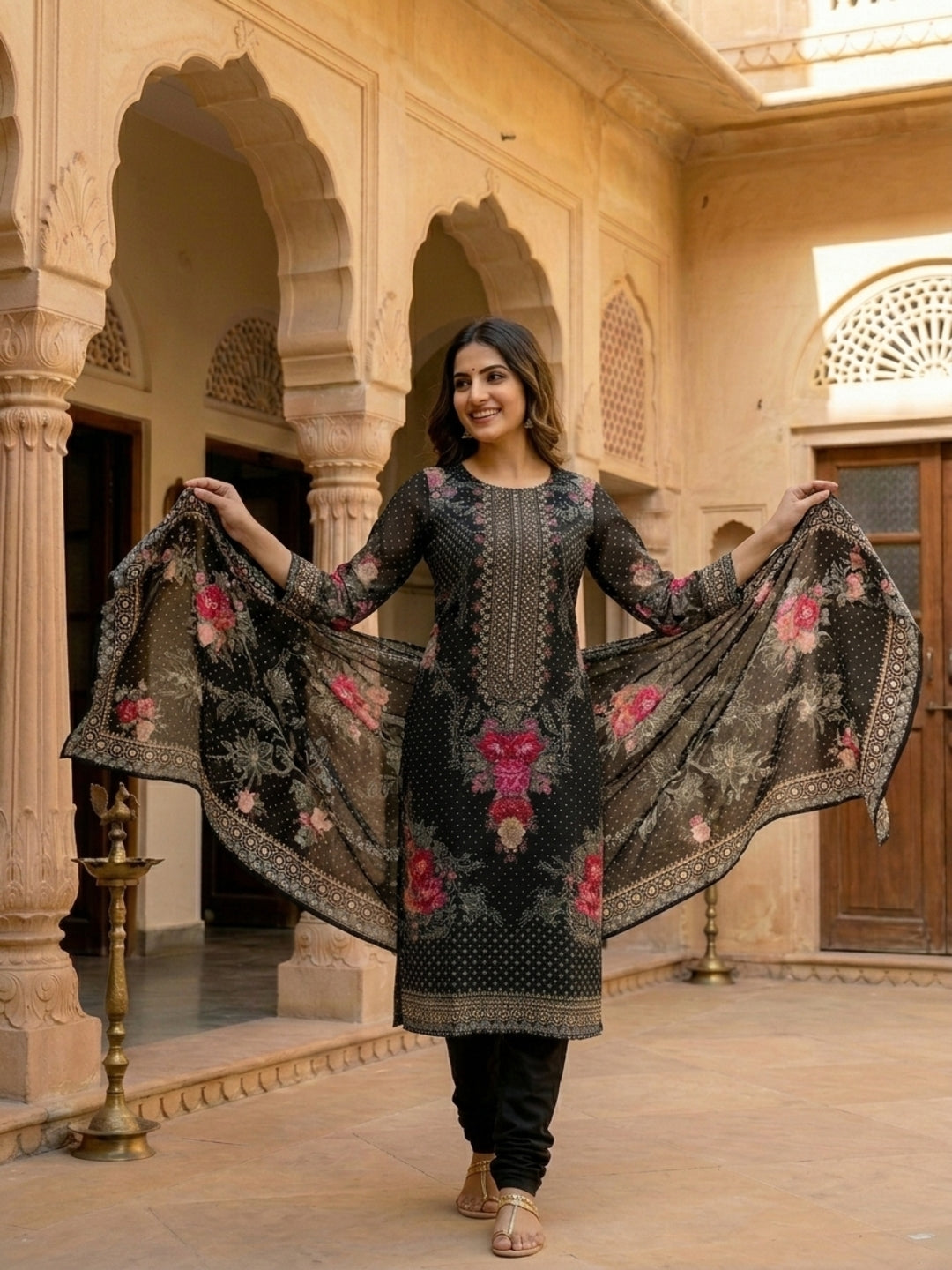 Floral Printed Embroidered Straight Kurta with Pant and Dupatta - Black