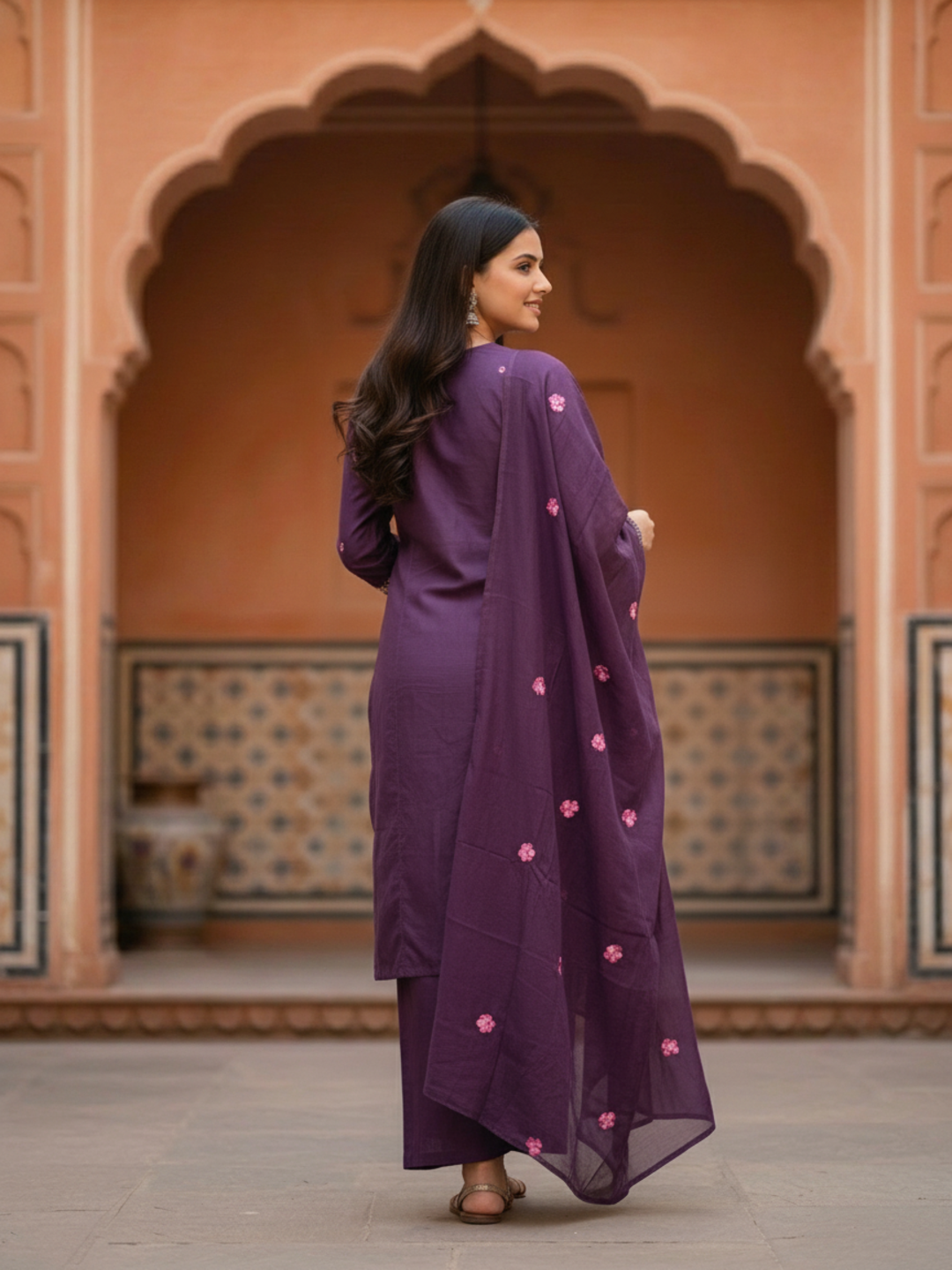 Purple Cotton Floral Embroidered Straight Kurta Set with Pant & Dupatta