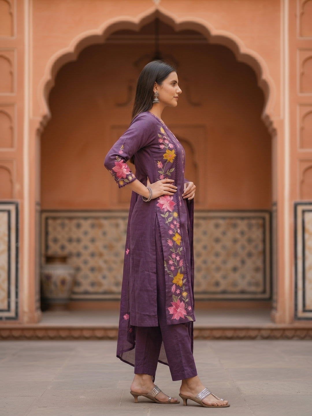 Solid Floral Embroidered Straight Kurta with Pant & Dupatta - Purple