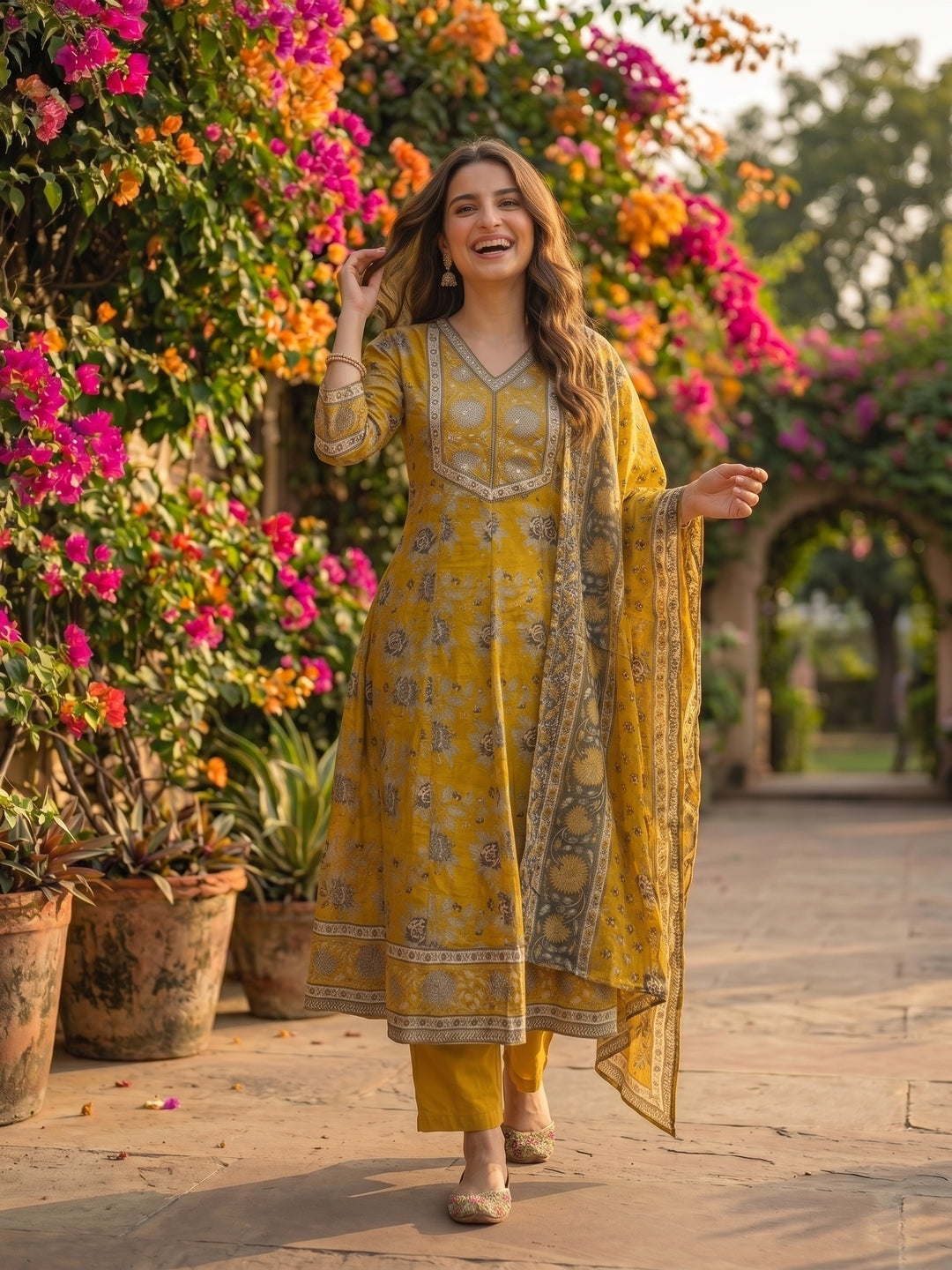 Floral Foil Printed Anarkali with Palazzo & Dupatta - Mustard