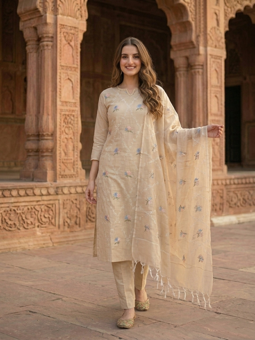 Solid Floral Embroidered Straight Kurta with Pant and Dupatta - Beige