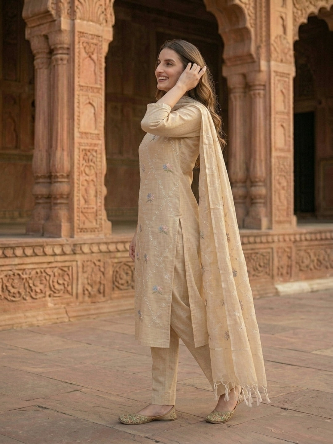 Solid Floral Embroidered Straight Kurta with Pant and Dupatta - Beige