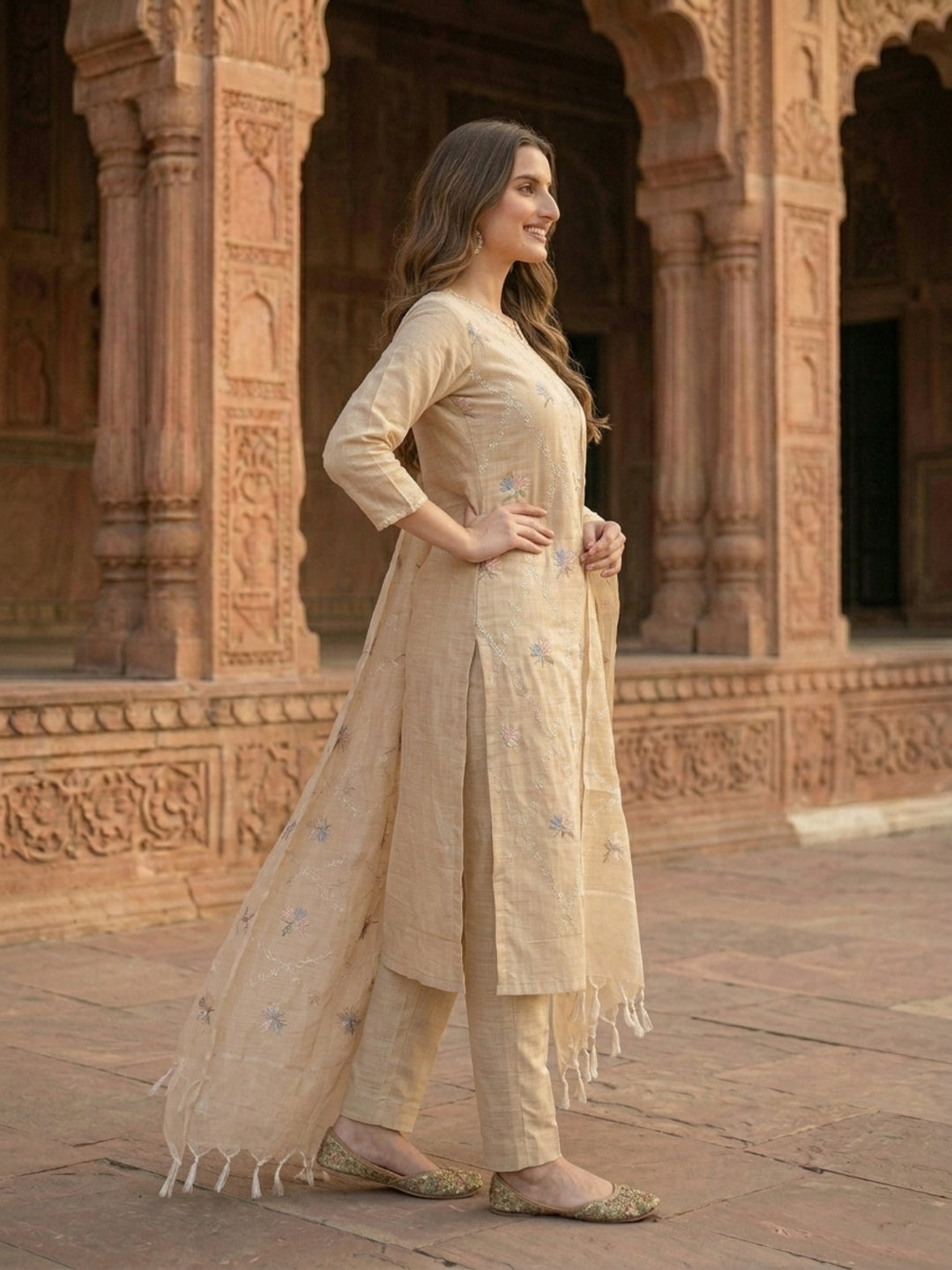 Solid Floral Embroidered Straight Kurta with Pant and Dupatta - Beige