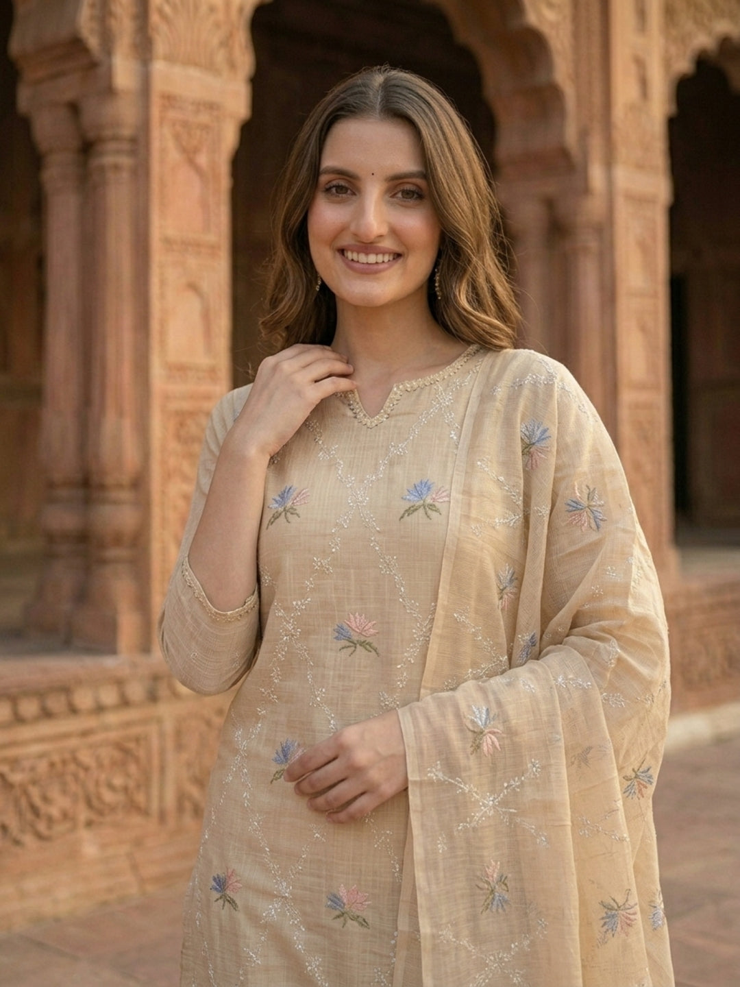 Solid Floral Embroidered Straight Kurta with Pant and Dupatta - Beige