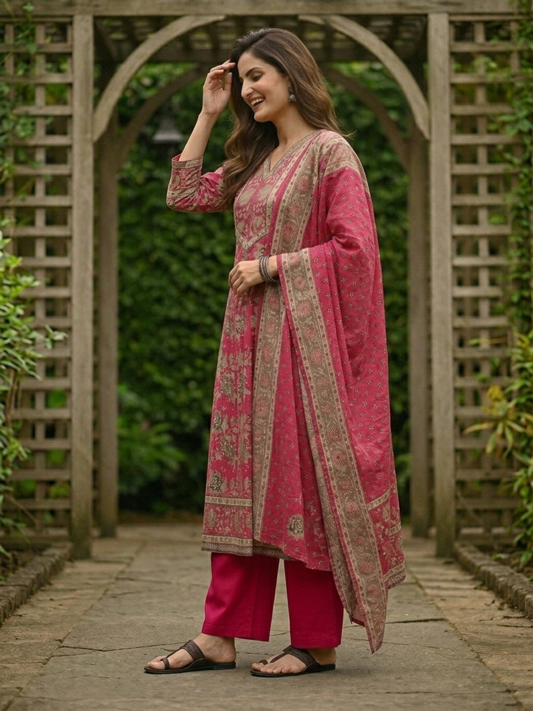 Floral Foil Printed Anarkali with Palazzo & Dupatta - Pink