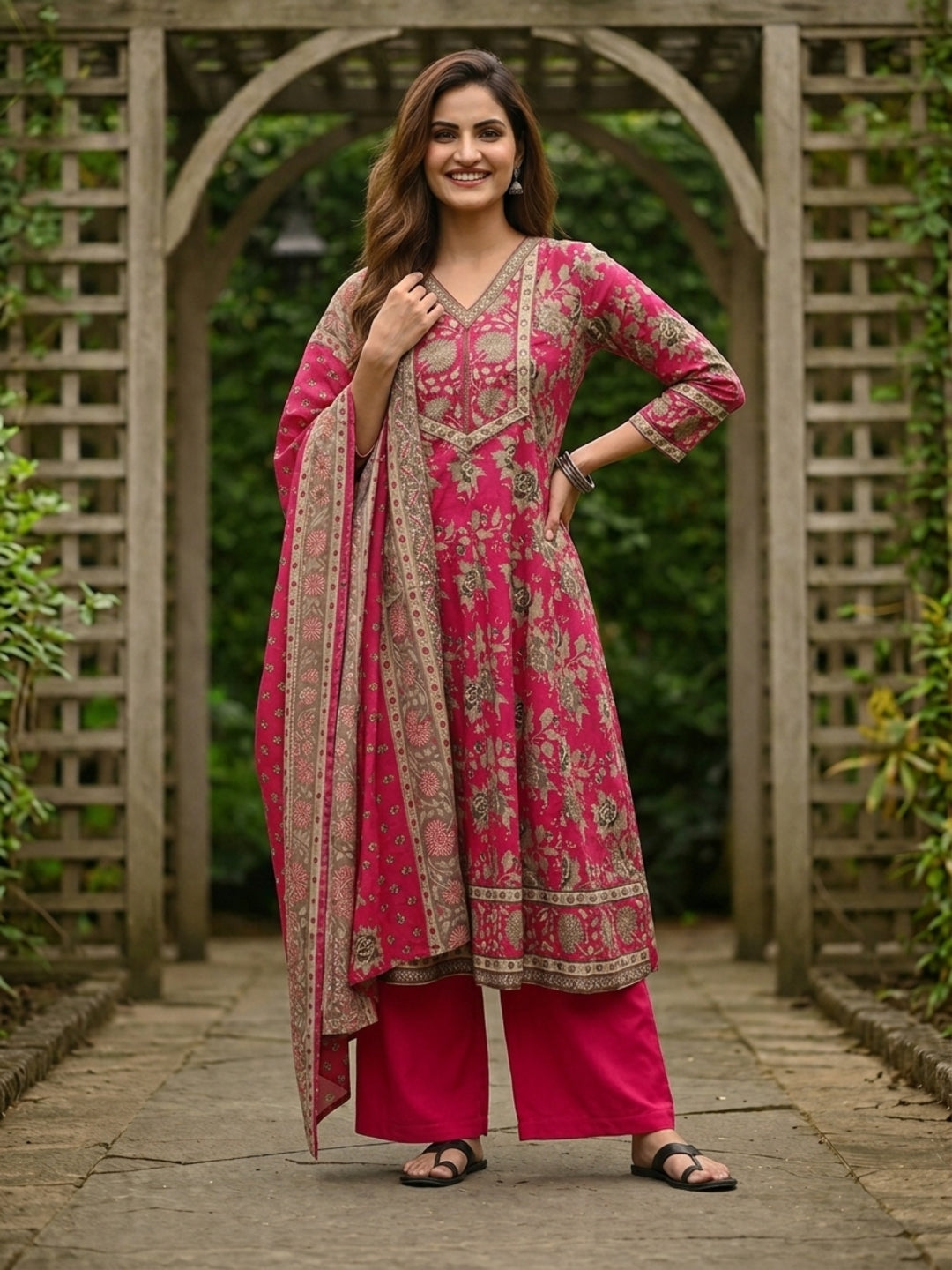 Floral Foil Printed Anarkali with Palazzo & Dupatta - Pink