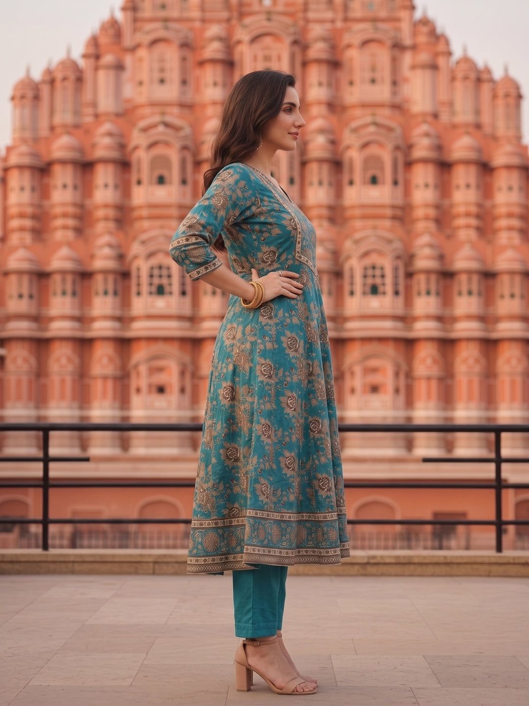 Floral Foil Printed Anarkali with Palazzo & Dupatta - Teal Blue