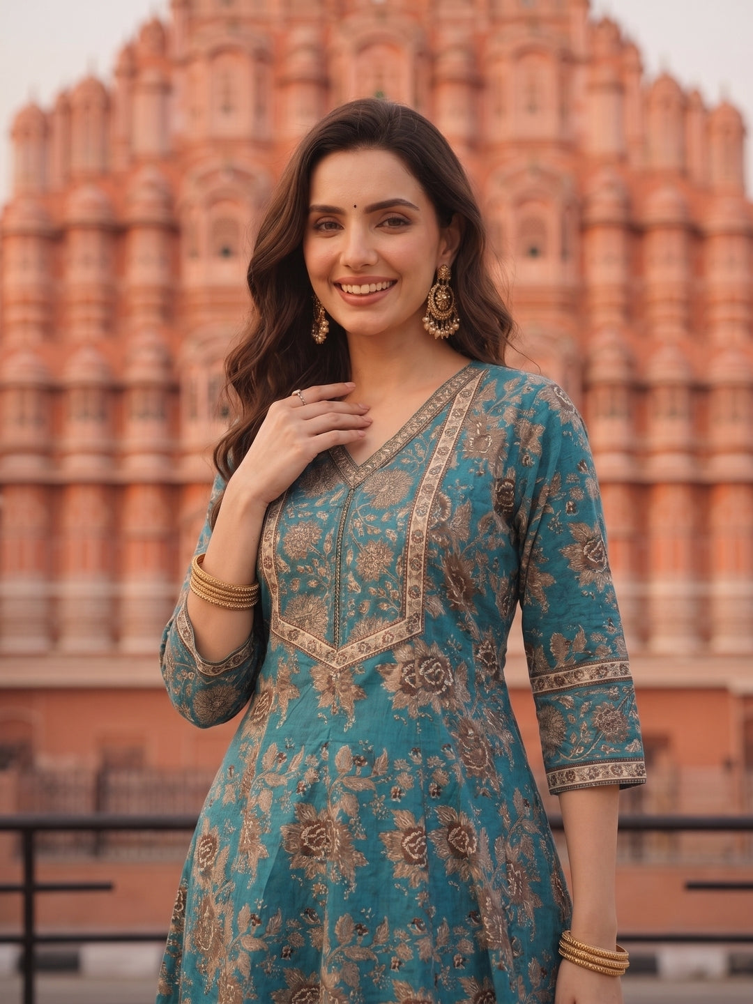 Floral Foil Printed Anarkali with Palazzo & Dupatta - Teal Blue