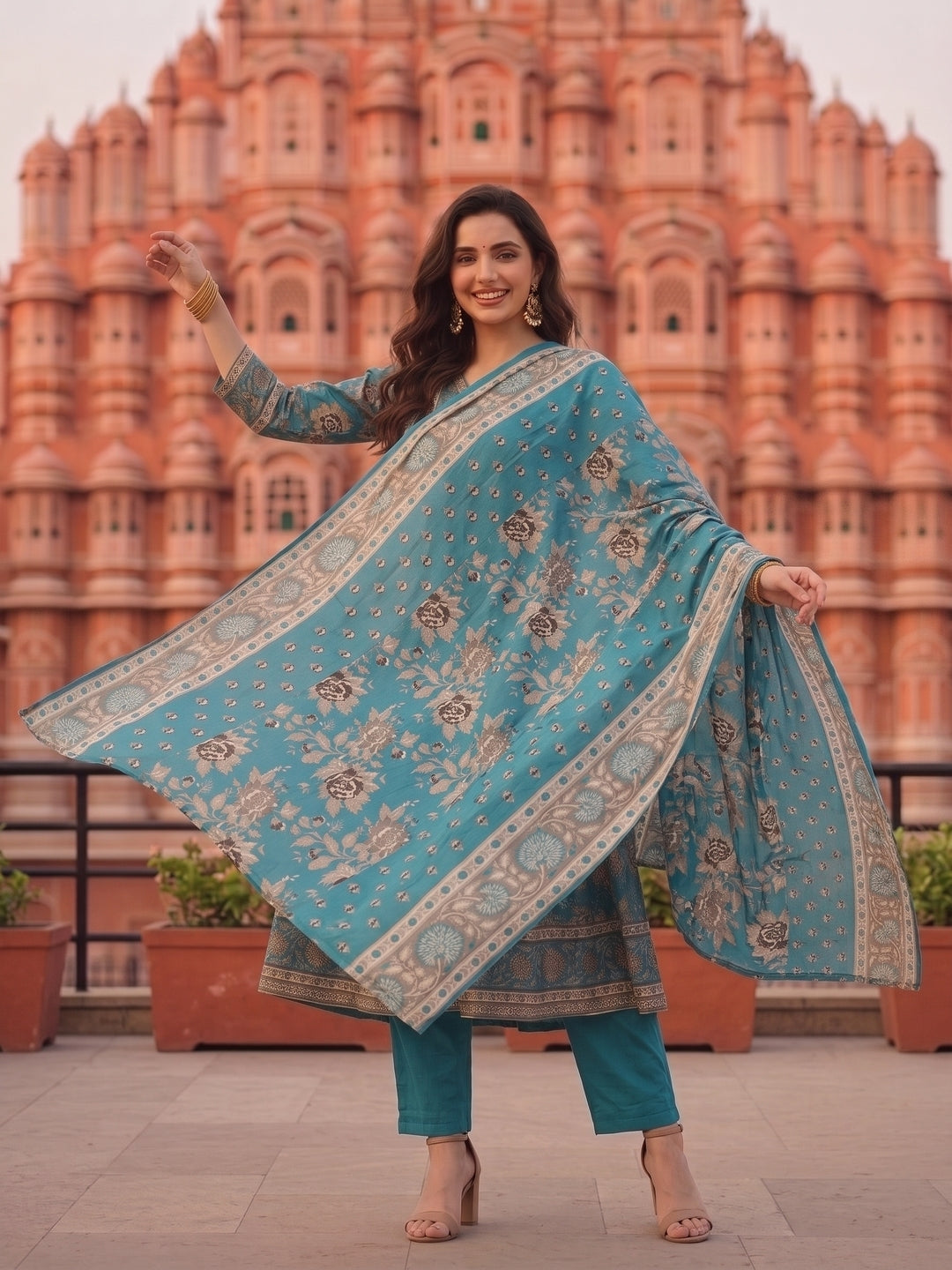 Floral Foil Printed Anarkali with Palazzo & Dupatta - Teal Blue