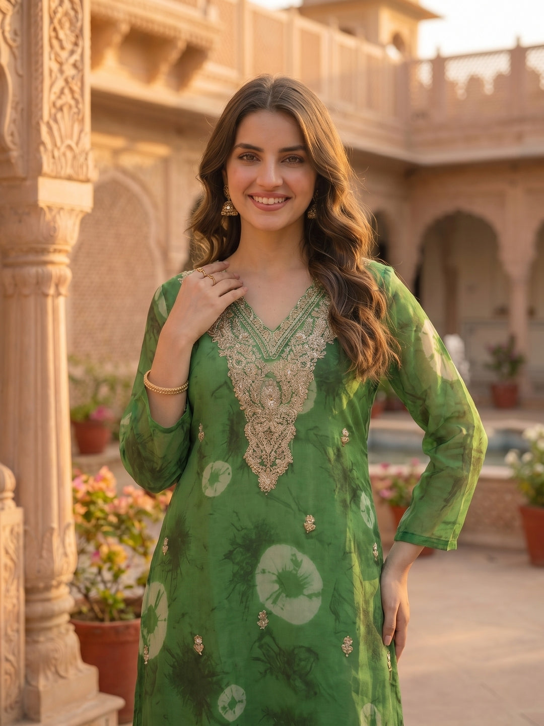 Abstract Printed Embroidered A-Line Co-ord Set - Green