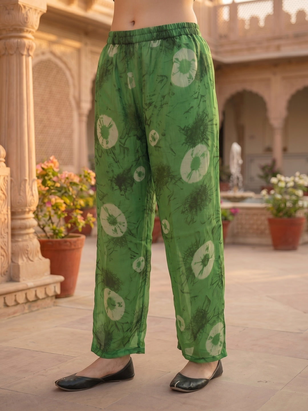 Abstract Printed Embroidered A-Line Co-ord Set - Green