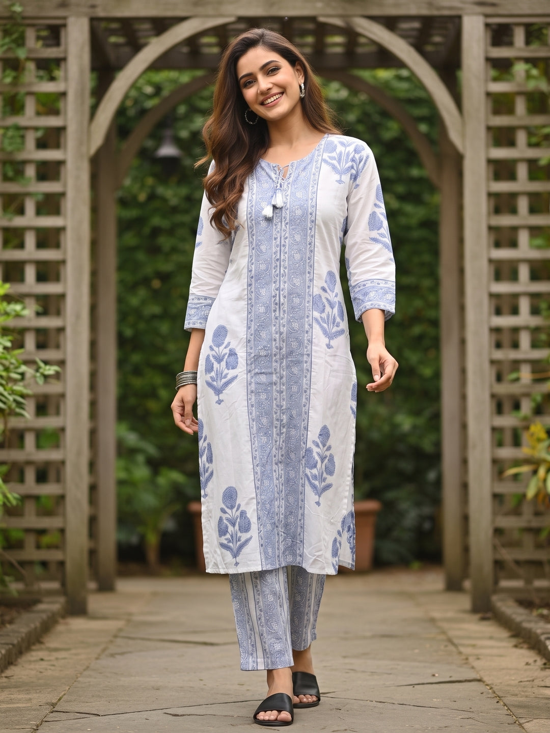 Floral Block Printed A-Line Kurta with Palazzo - Blue