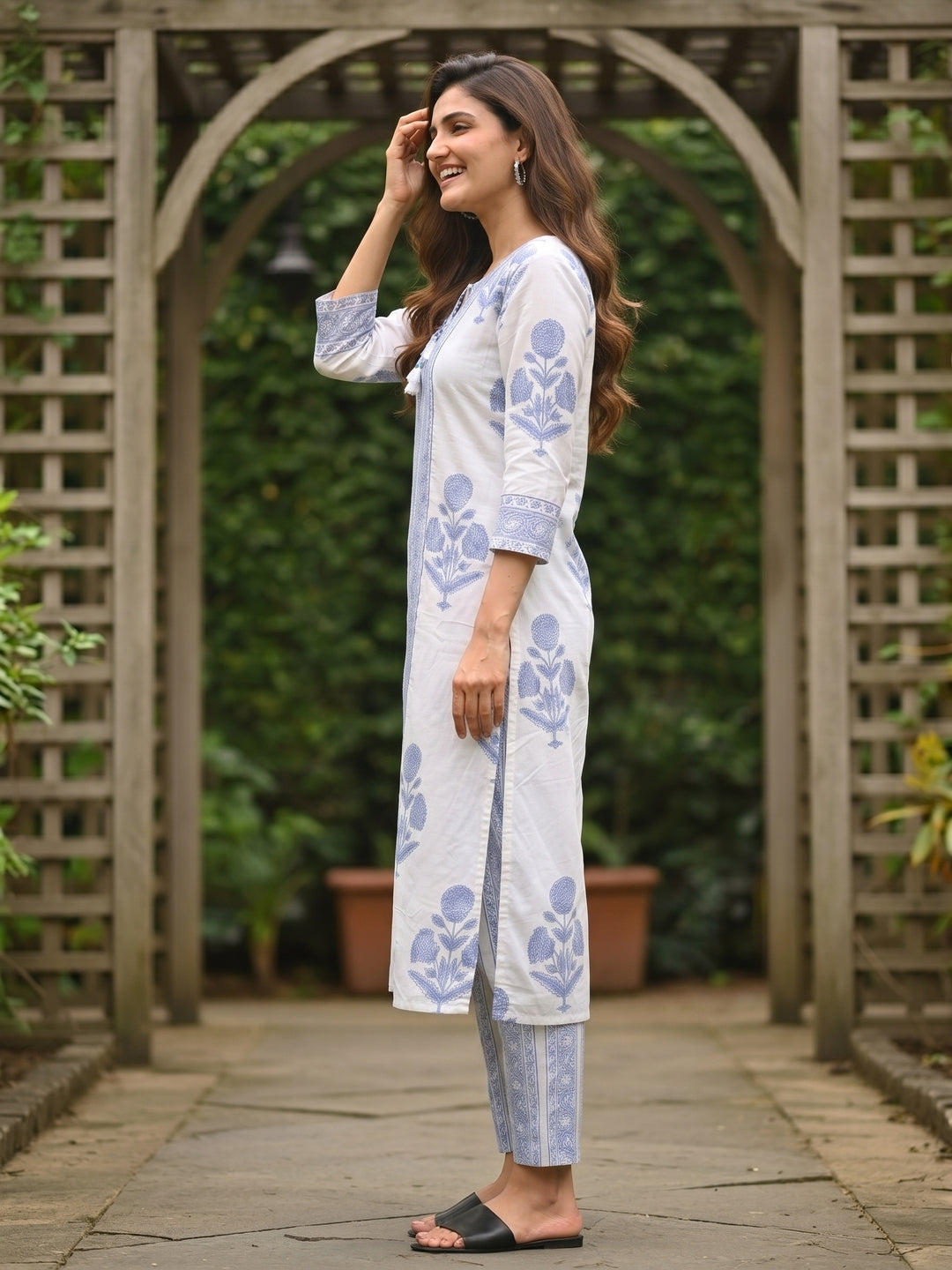 Floral Block Printed A-Line Kurta with Palazzo - Blue
