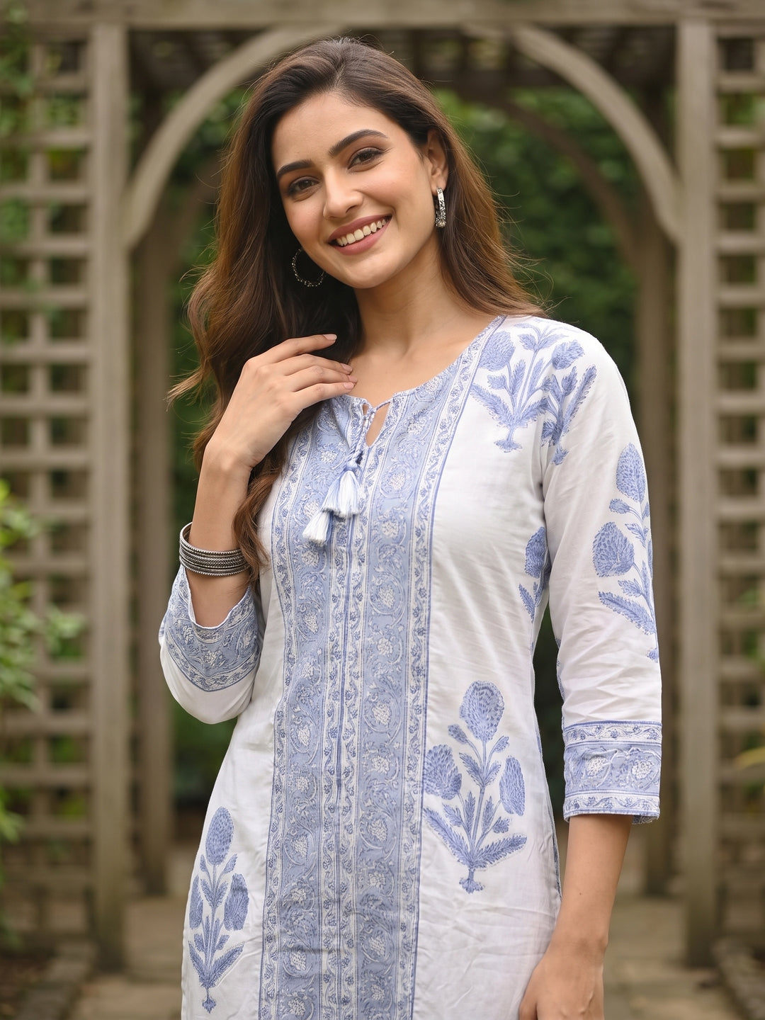 Floral Block Printed A-Line Kurta with Palazzo - Blue