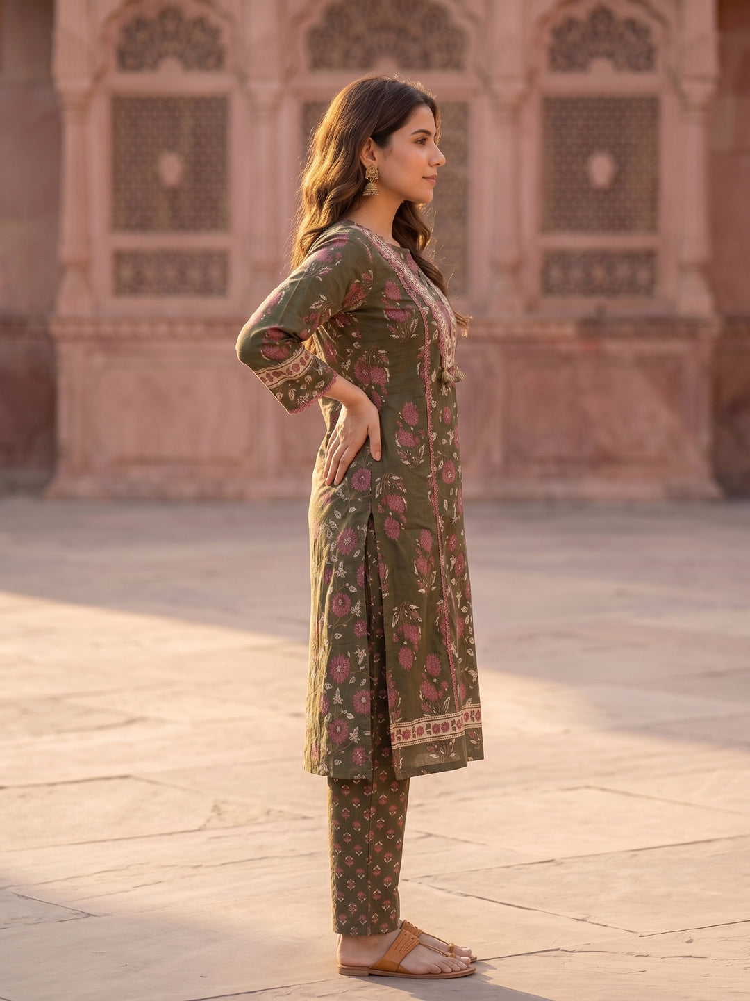 Green Ethnic Floral Printed Embroidered Straight Kurta with Palazzo & Dupatta