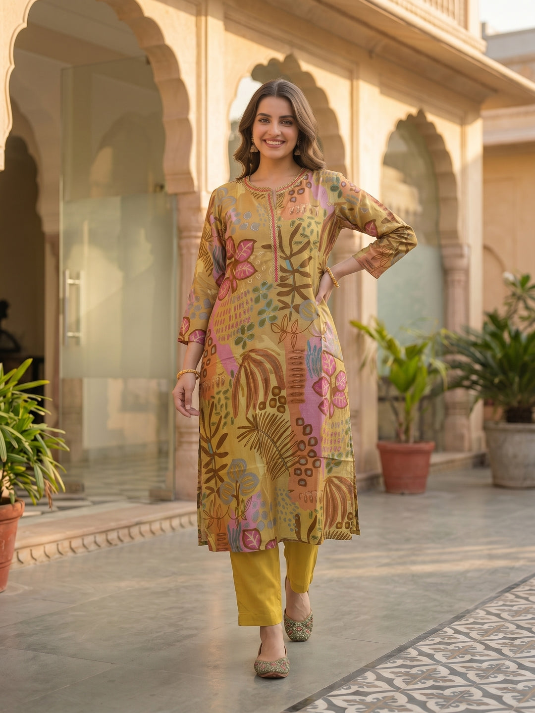 Abstract Printed Straight Kurta with Pant - Mustard Multi