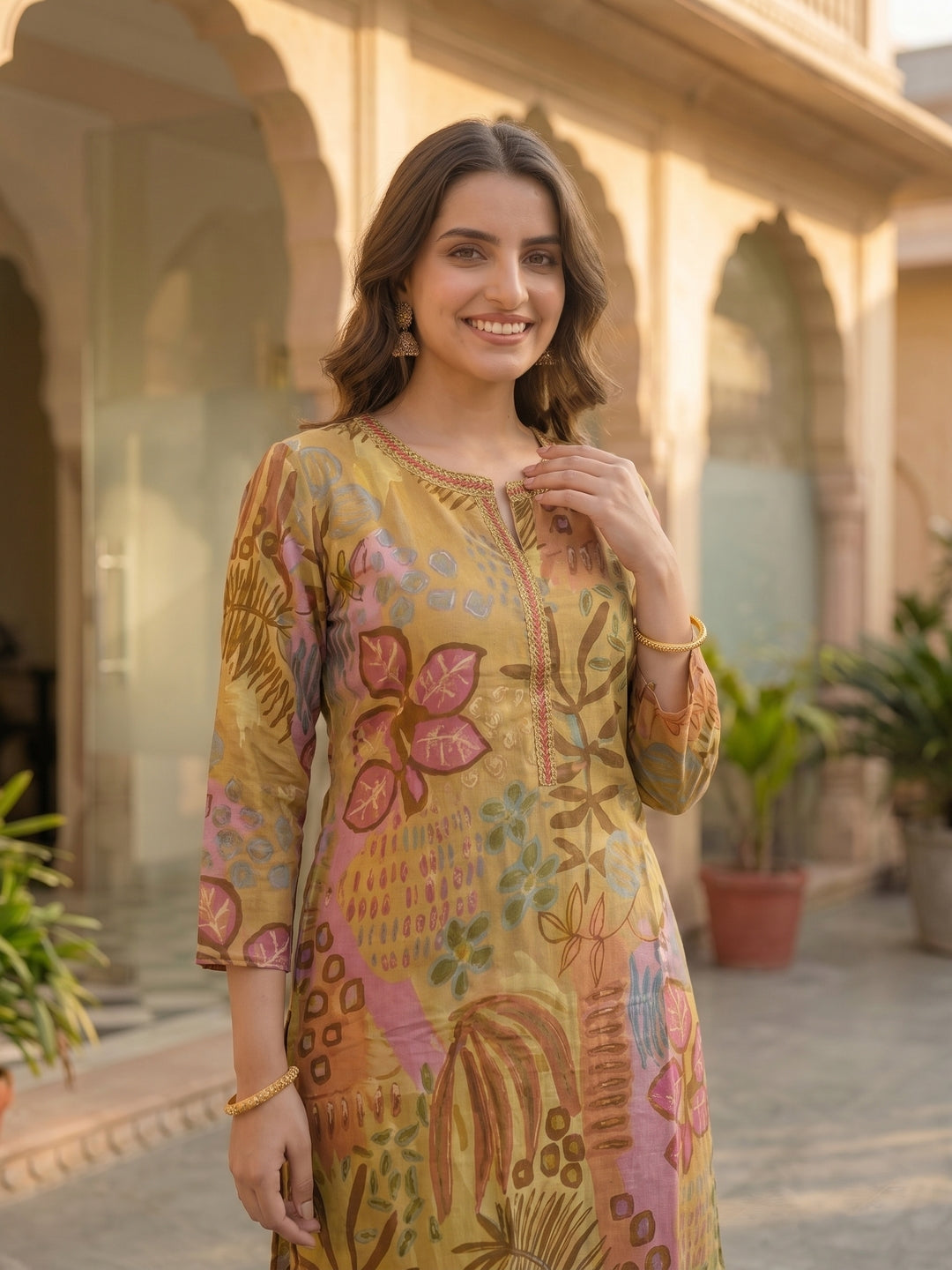 Abstract Printed Straight Kurta with Pant - Mustard Multi