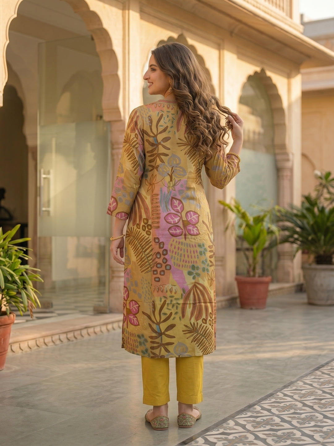 Abstract Printed Straight Kurta with Pant - Mustard Multi