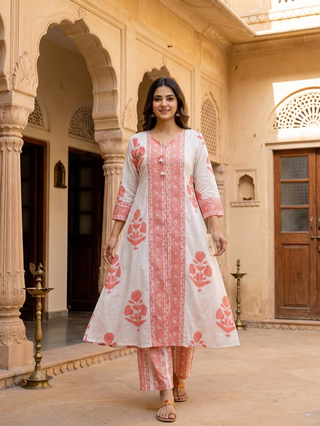 Floral Block Printed A-Line Kurta with Palazzo - Peach