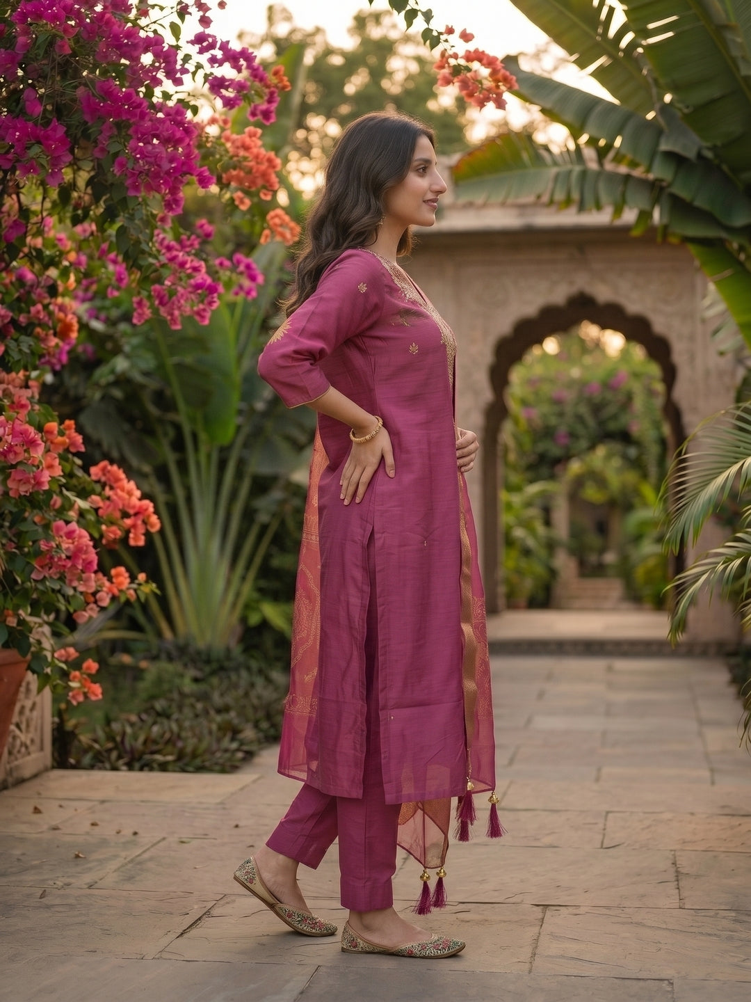 Zari Embroidered Straight Kurta with Pant and Dupatta - Magenta Pink