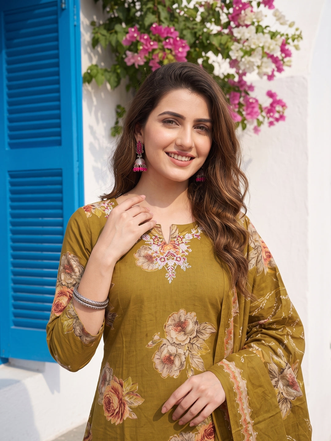 Floral Printed Mirror Embroidered Straight Kurta with Pant & Dupatta - Mustard