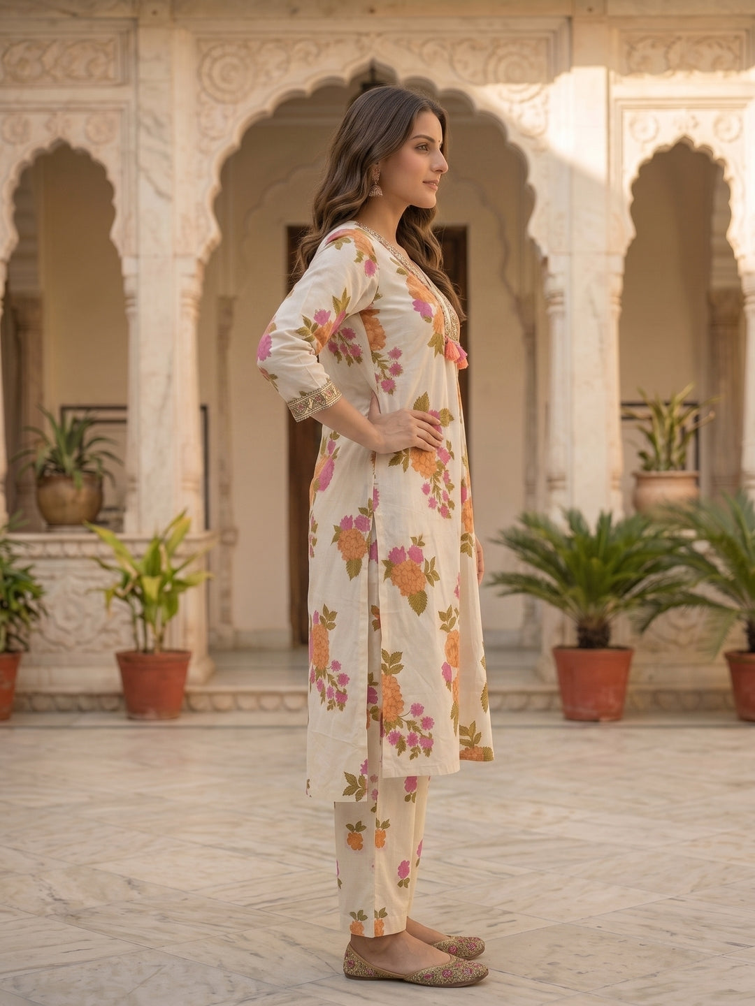 Floral Printed Straight Kurta with Pyjama and Dupatta - Cream