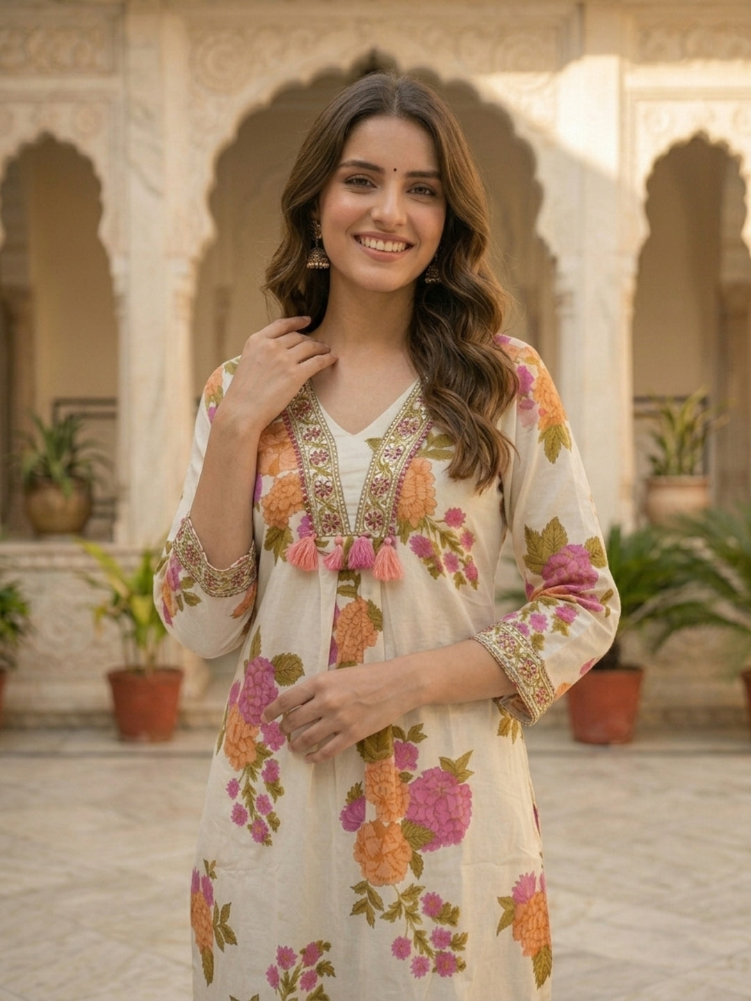 Floral Printed Straight Kurta with Pyjama and Dupatta - Cream