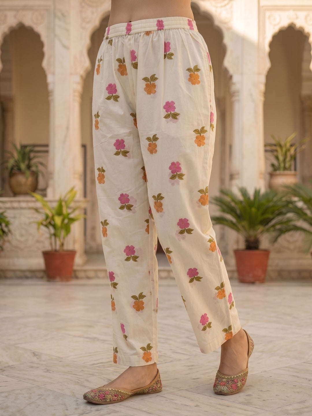 Floral Printed Straight Kurta with Pyjama and Dupatta - Cream