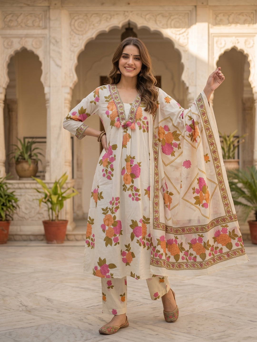 Floral Printed Straight Kurta with Pyjama and Dupatta - Cream