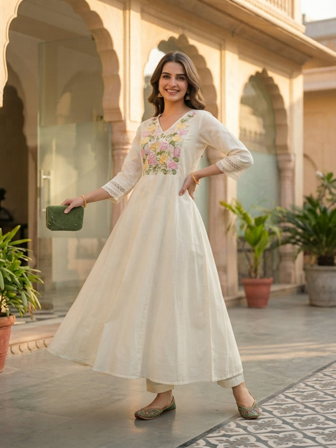 Solid Floral Hand Embroidered A-Line Kurta with Pant & Dupatta - Off White