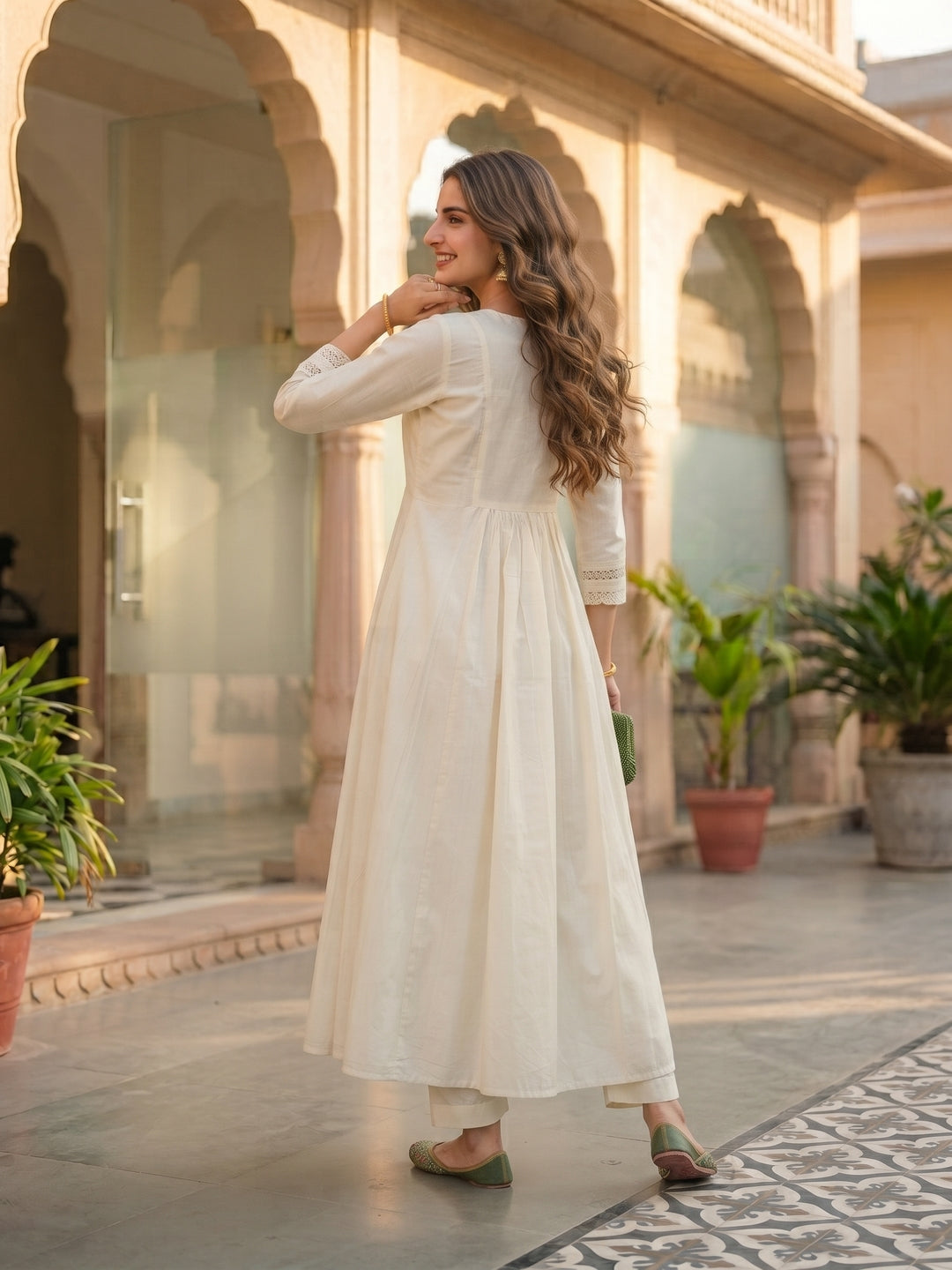 Solid Floral Hand Embroidered A-Line Kurta with Pant & Dupatta - Off White