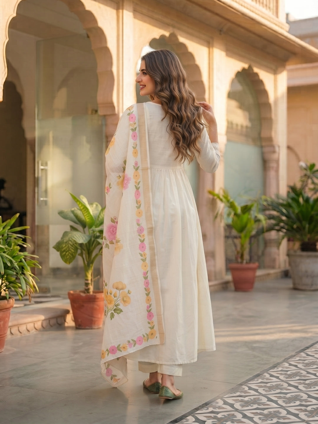 Solid Floral Hand Embroidered A-Line Kurta with Pant & Dupatta - Off White