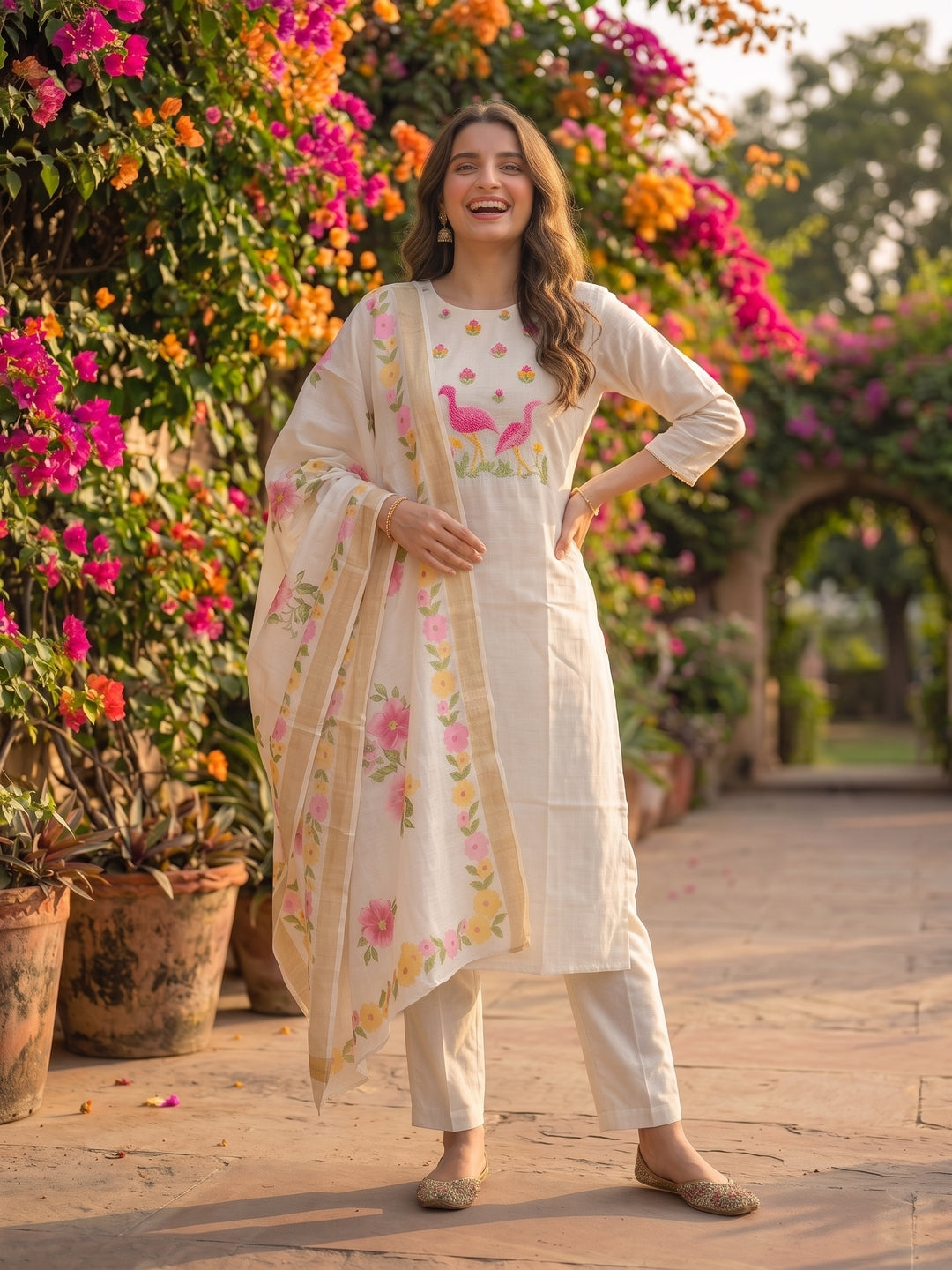 Solid Floral Hand Embroidered Straight Kurta with Pant & Dupatta - Off White