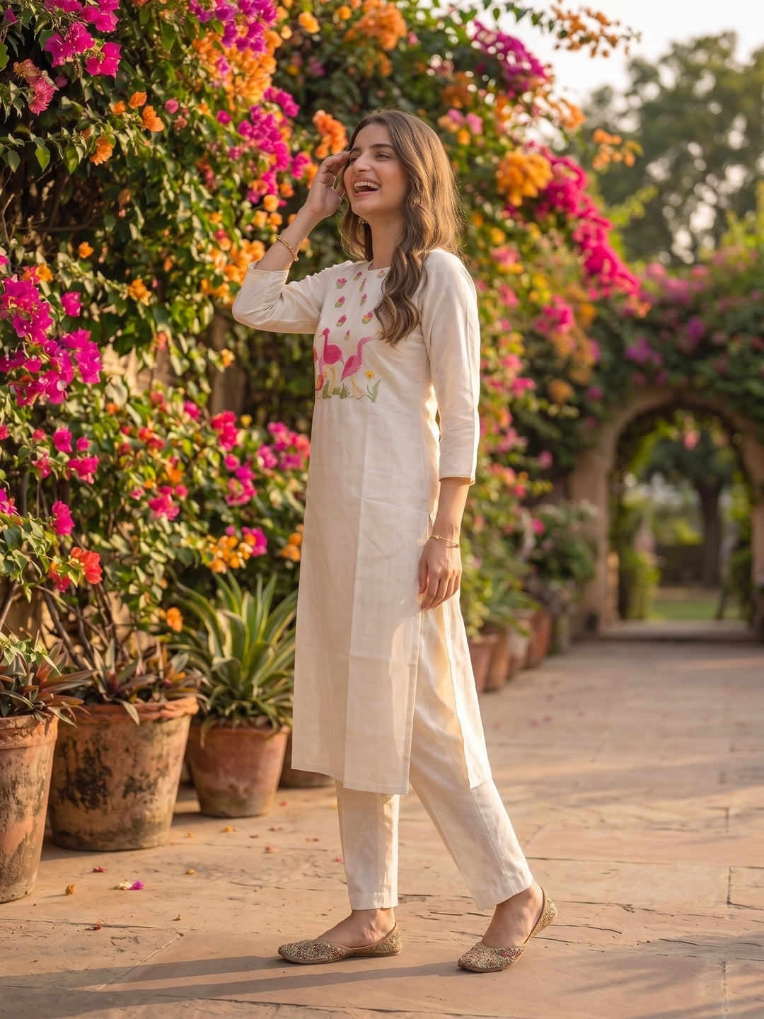Solid Floral Hand Embroidered Straight Kurta with Pant & Dupatta - Off White
