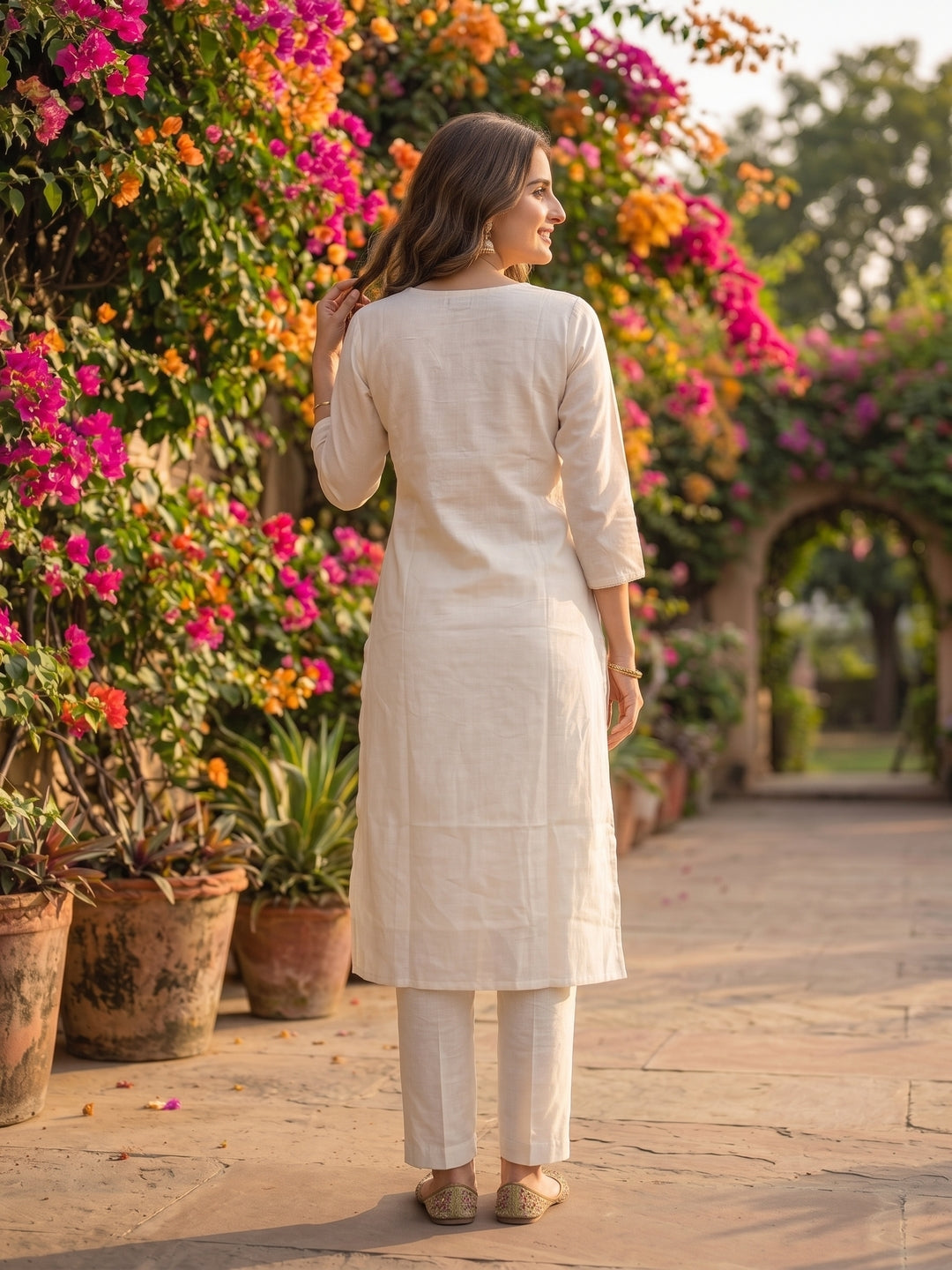 Solid Floral Hand Embroidered Straight Kurta with Pant & Dupatta - Off White