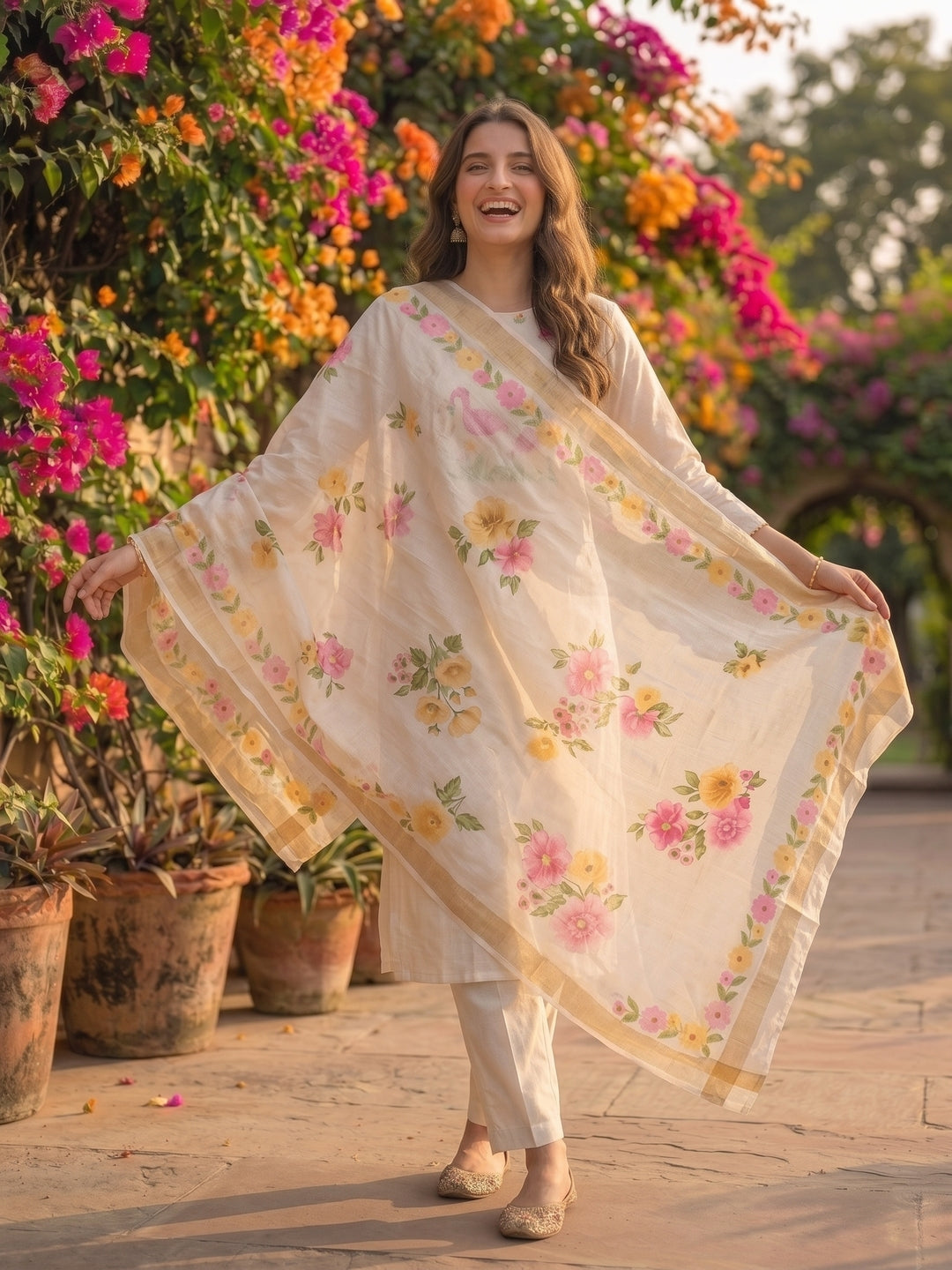 Solid Floral Hand Embroidered Straight Kurta with Pant & Dupatta - Off White