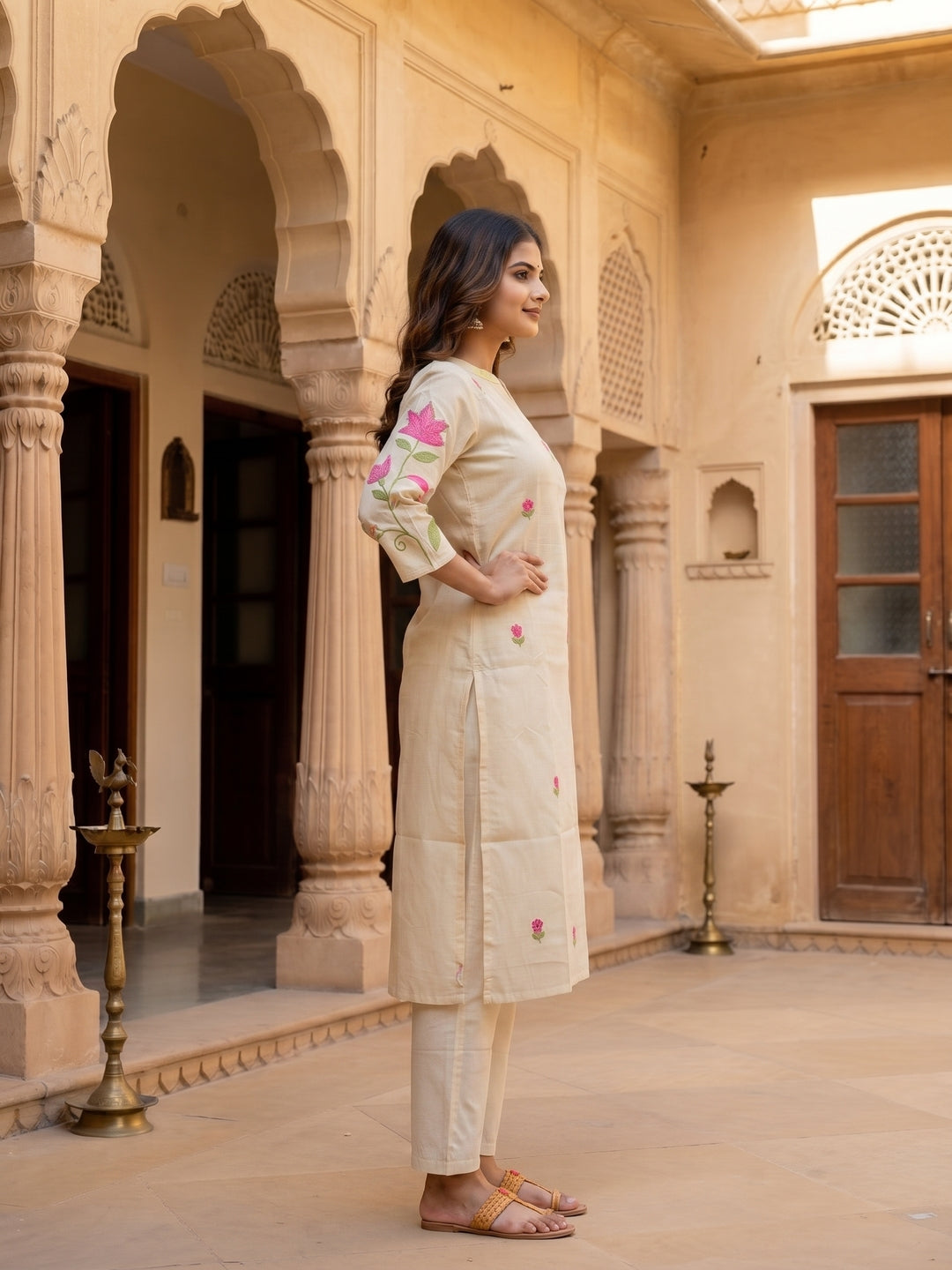 Solid Floral Hand Embroidered Straight Kurta with Pant & Dupatta - Off White